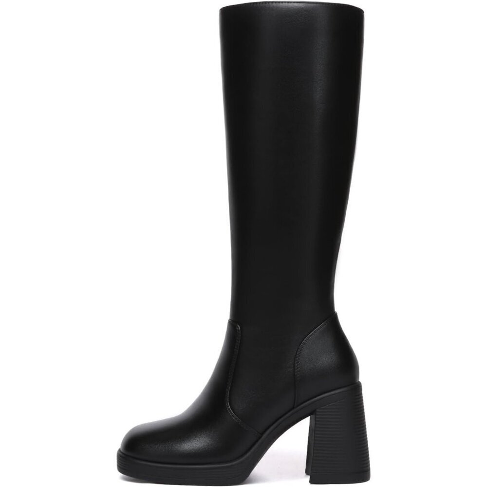 Women's Black Athlefit Knee High Platform Heeled Toe Chunky Side Zipper Boots - Picture 3 of 6